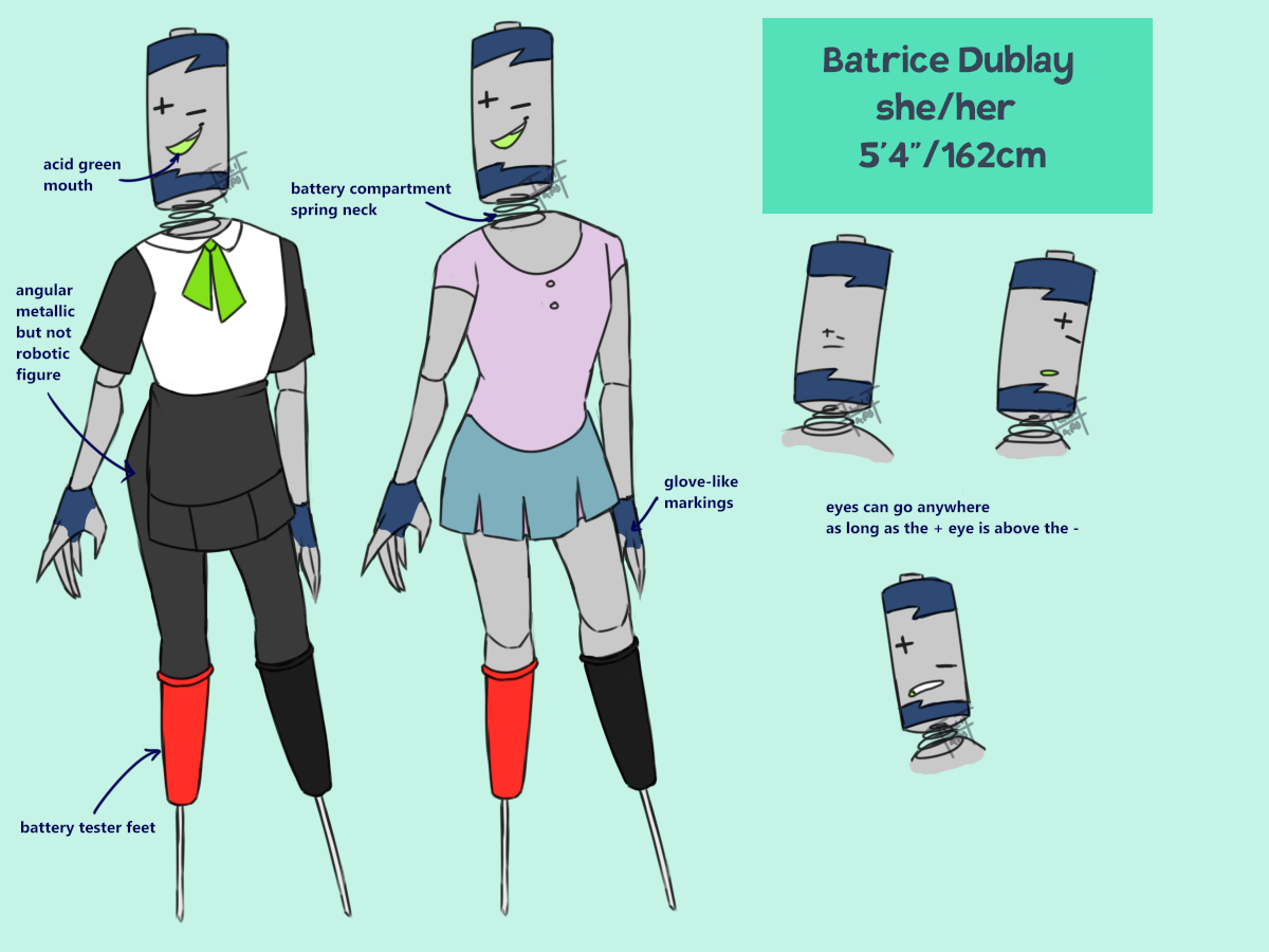 a reference image of a character named Batrice DuBlay. She has a battery-shaped head, a spring neck, an angular grey and navy blue body, eyes shaped like a plus and minus sign, and legs shaped like the two ends of a battery tester. She is shown in two outfits; in one, she has a collared white shirt with black sleeves, a big green bow, black slacks, and a black apron; in the other, she has a lilac shirt with buttons and a teal pleated skirt. To the side are doodles highlighting details