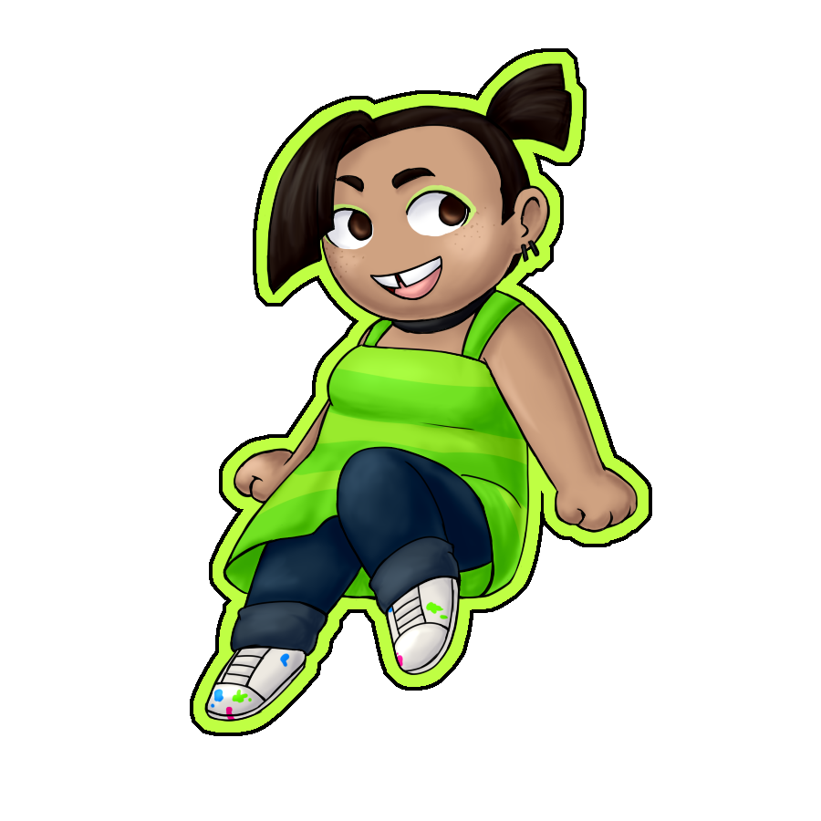 a drawing of a character in a chibi style. The character has brown hair in a ponytail, a gap in their teeth, tan skin, a green striped dress, jeans, and paint-stained shoes