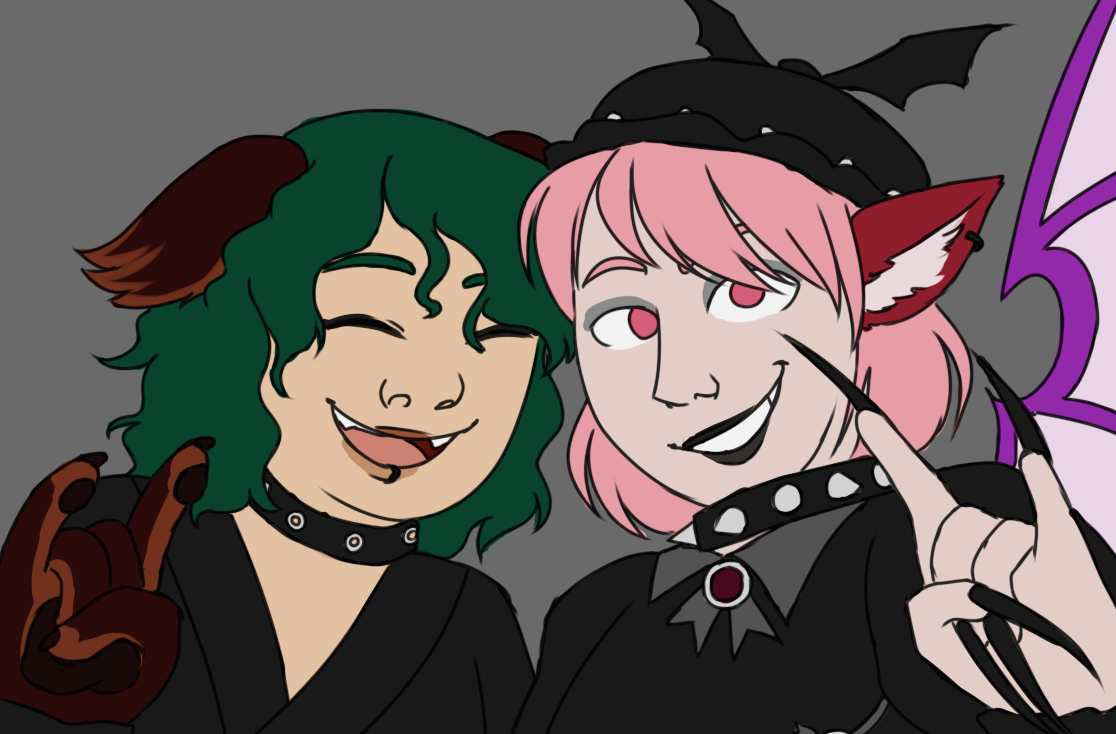 a drawing of Kasodani Kyouko and Mystia Lorelei from Touhou. They're dressed in their Choujuu Gigaku outfits (minus sunglasses), decked out in all black. They're both making the sign of the horns with their hands, and smiling at the camera