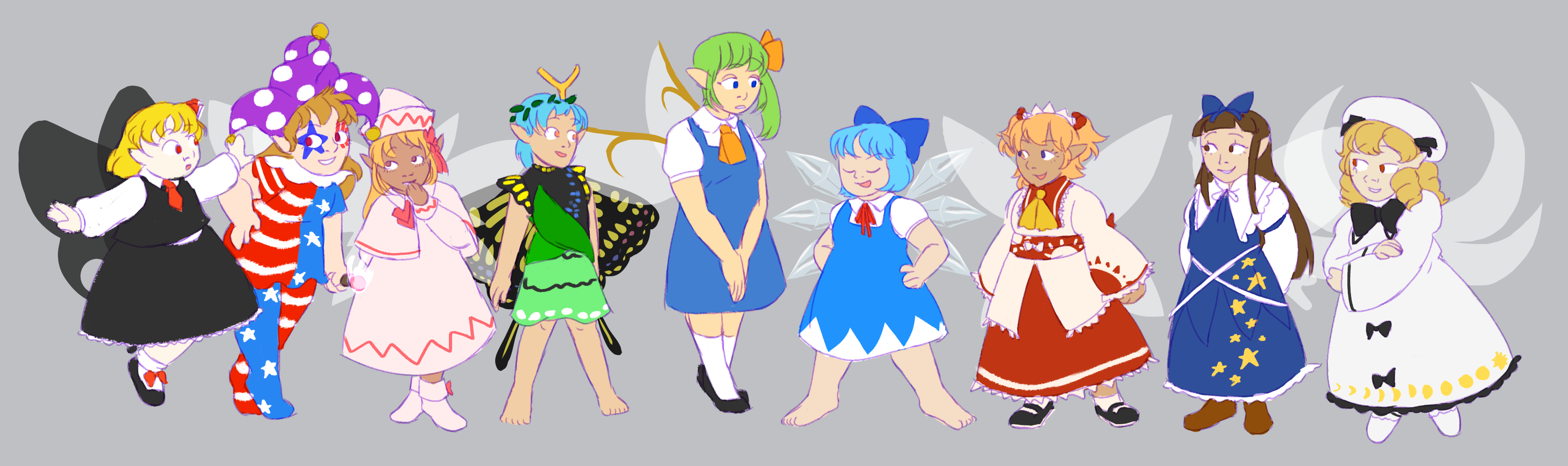 a drawing of the fairies from Touhou (including Rumia, who is not canonically a fairy).