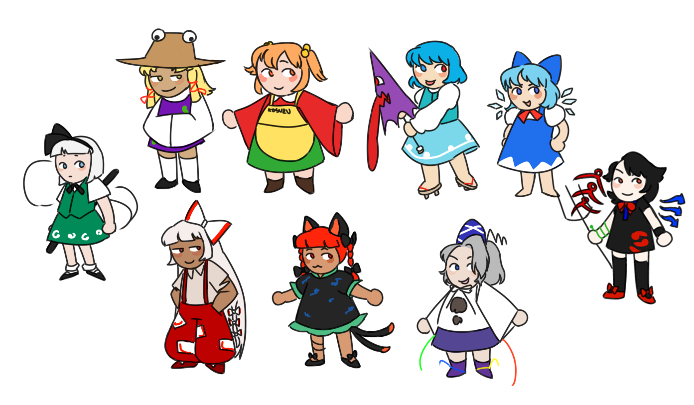 simplified drawings of some Touhou characters