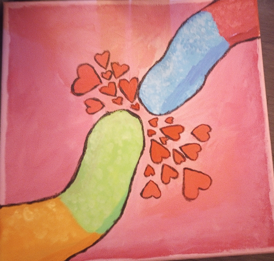 a photo of a painting of two sour gummy worms, nose-to-nose with hearts coming out from the space between them, on a pink background, on a square canvas