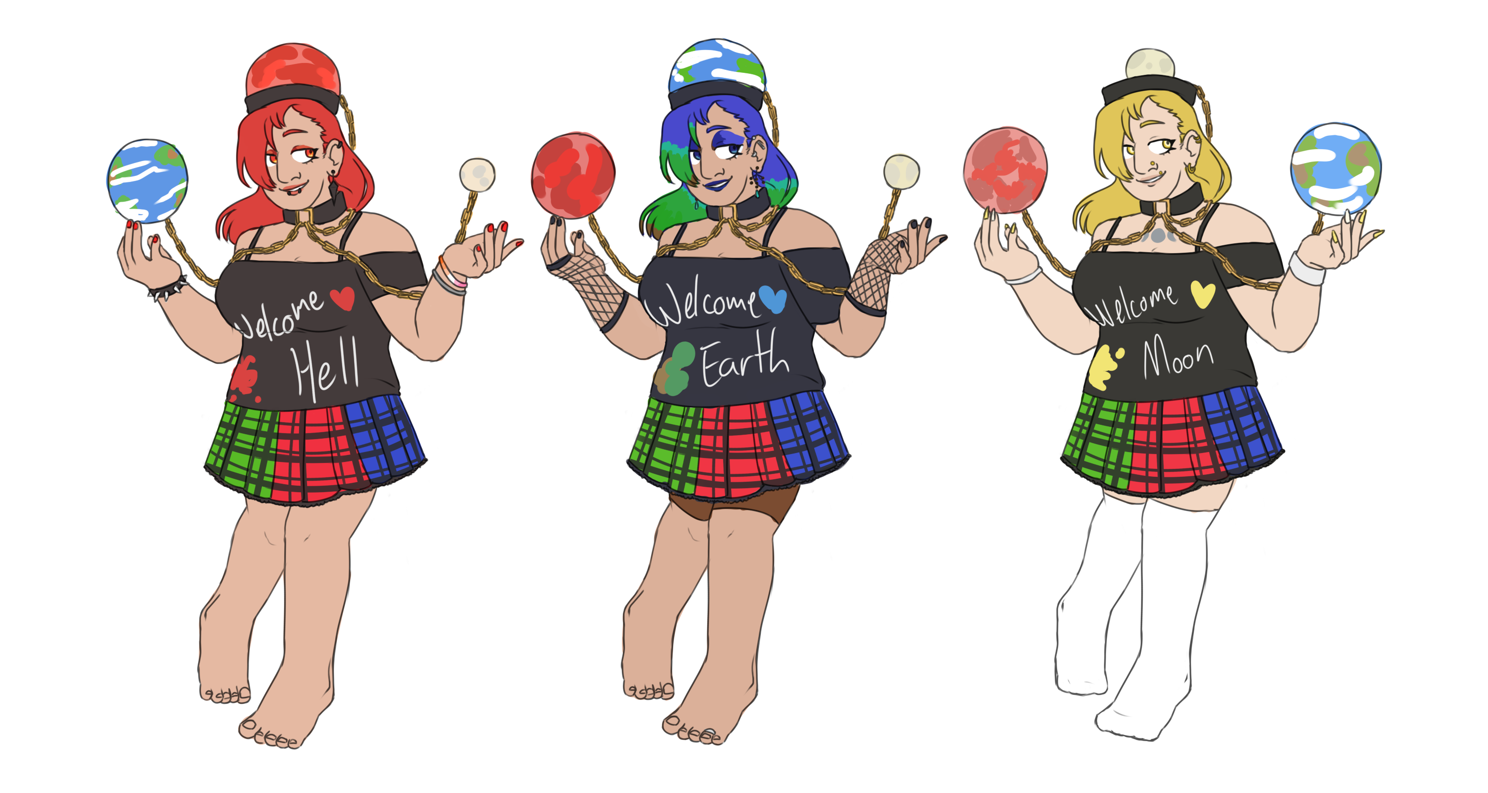a drawing of Hecatia Lapislazuli from Touhou. All 3 of her bodies are depicted. The only differences between each body are the color scheme, the text on her shirt, and the accessories and makeup