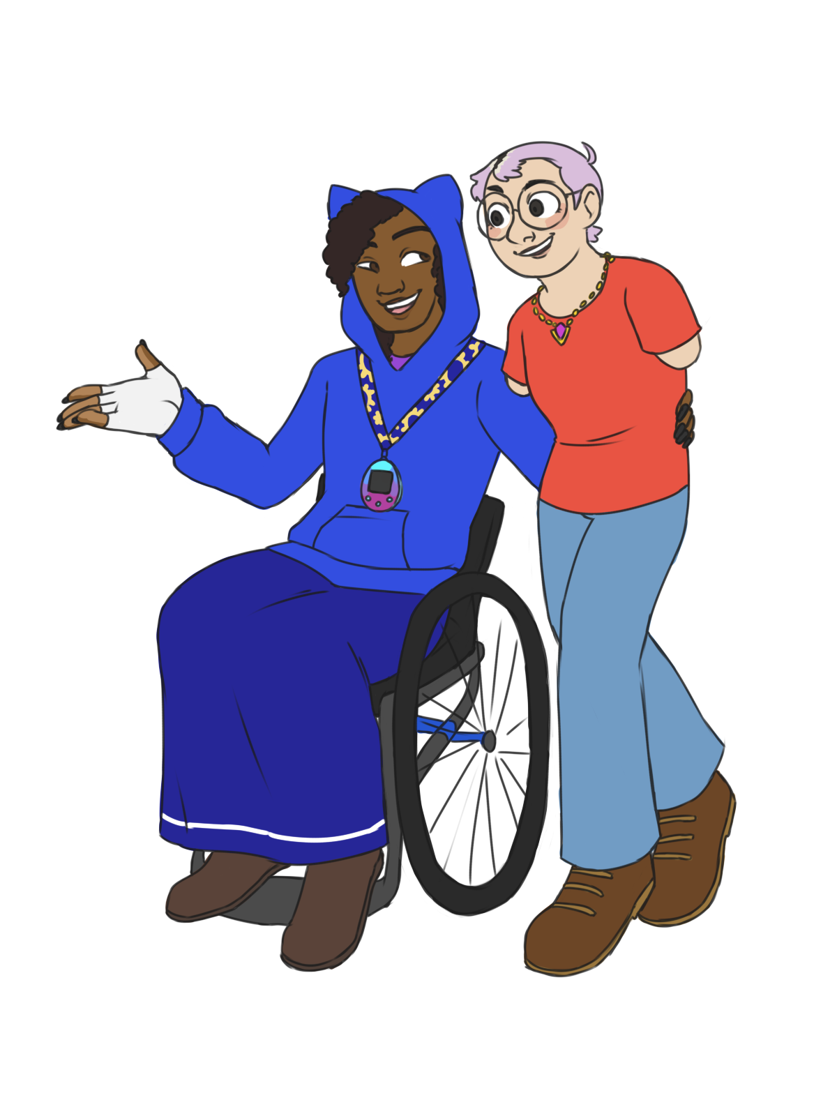 a drawing of Magolor and Marx from Kirby as humans. Magolor is in a wheelchair and has an arm around Marx's waist