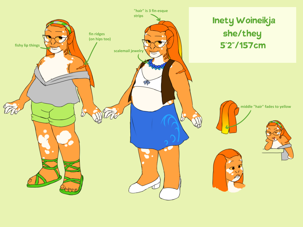 a reference image of a character named Inety Woineikja. They are a humanoid goldfish woman and have long orange hairlike fins, orange skin with white patches, ear fins, gills, and glasses. They are shown in two outfits; in one, they have a loose grey top, lime green shorts, and green sandals; in the other, they have a tiny white tank top with a small blue bow, a brown vest, a blue scalemail necklace, and short white heels. To the side are doodles highlighting details
