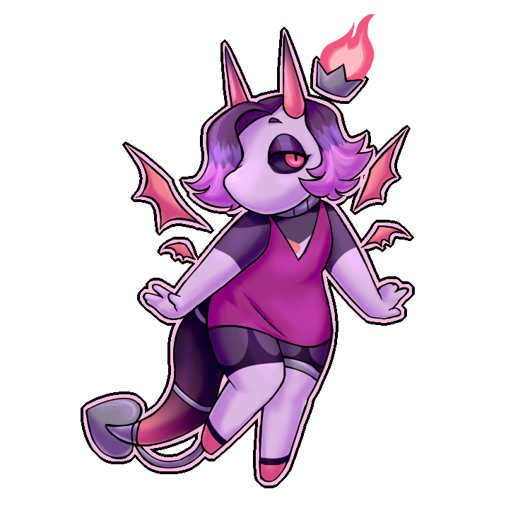 a drawing of a character in a chibi style. The character has short hair in different shades of purple, pink eyes with black sclera, pink horns that fade to black, various markings on her purple skin, a floating crown with fire coming from it, a small snout with no mouth, four pink bat wings, a long tail with metallic adornments, a small purple party dress, and a collar