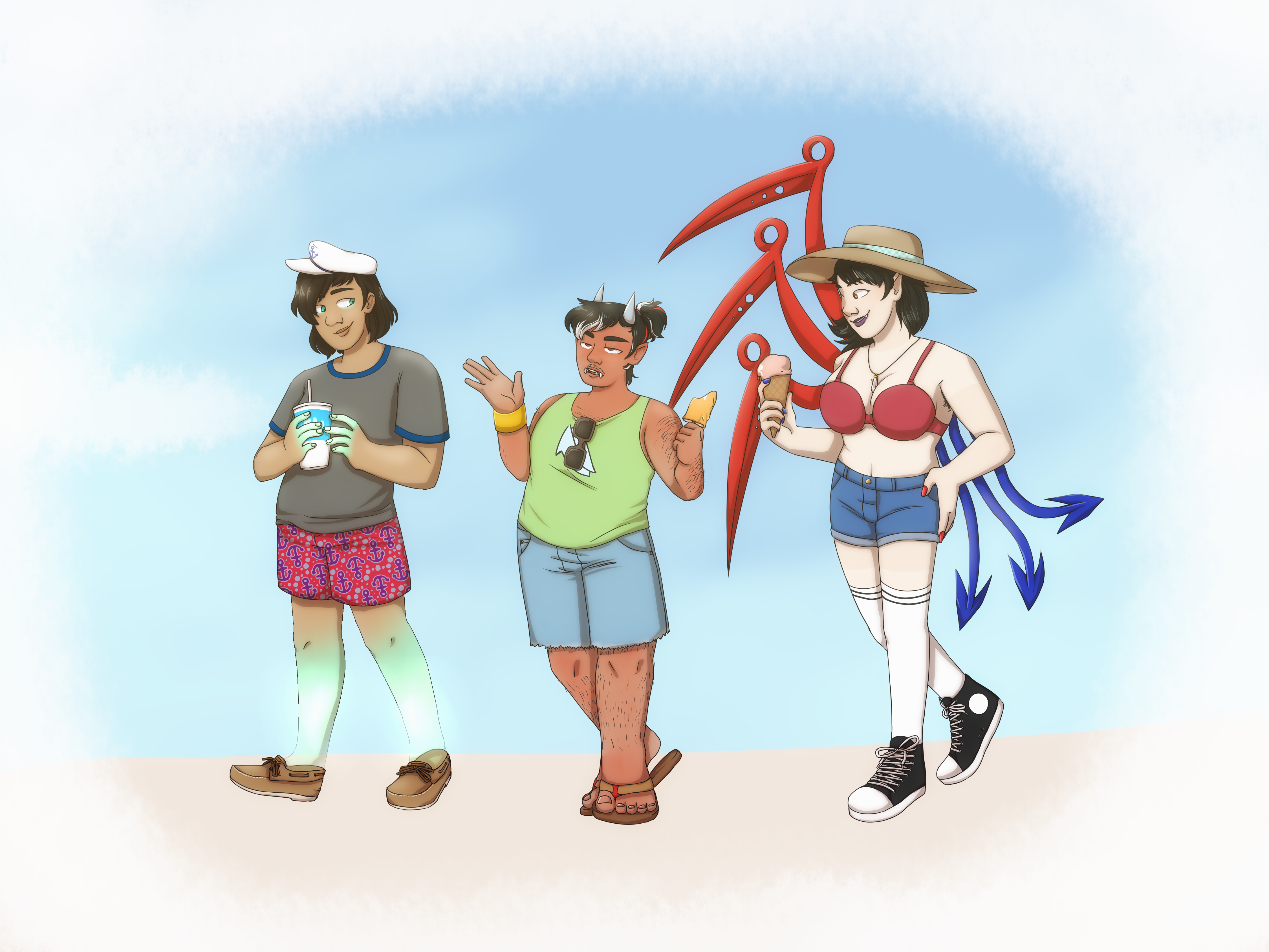 a drawing of Captain Murasa, Kijin Seija, and Houjuu Nue from Touhou. They're all dressed in summery clothes and each is holding a different cold treat. Seija looks to be talking about something, holding the attention of the other two