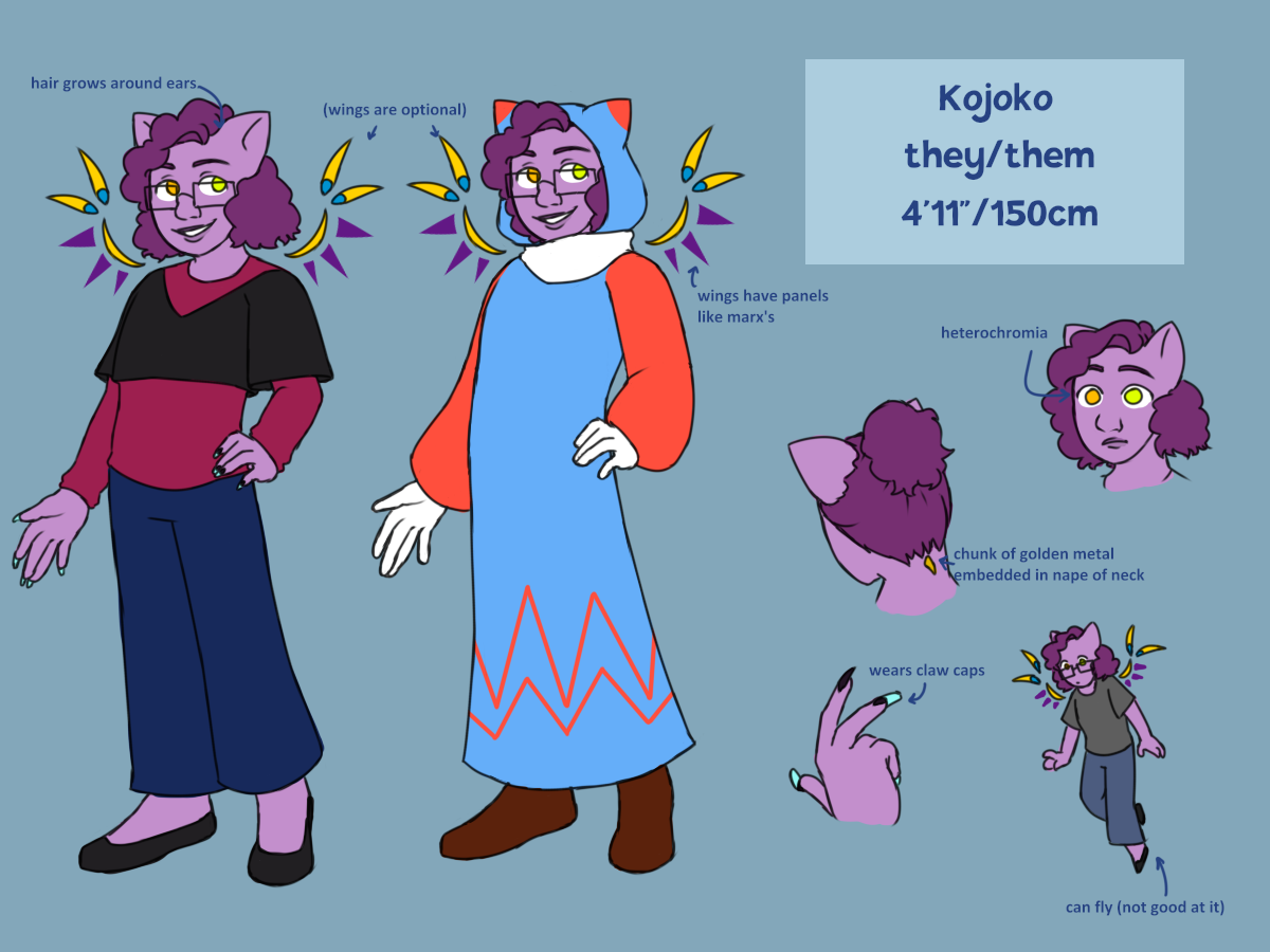 a reference image of a character named Kojoko. They have curly short purple hair, heterochromic eyes, purple skin, catlike ears, glasses, and golden wings made of floating pieces. They are shown in two outfits; in one, they have a black croptop over a pink longsleeve shirt, jeans, and flats; in the other, they have a blue dress with red accents, with a hood and white gloves. To the side are doodles highlighting details