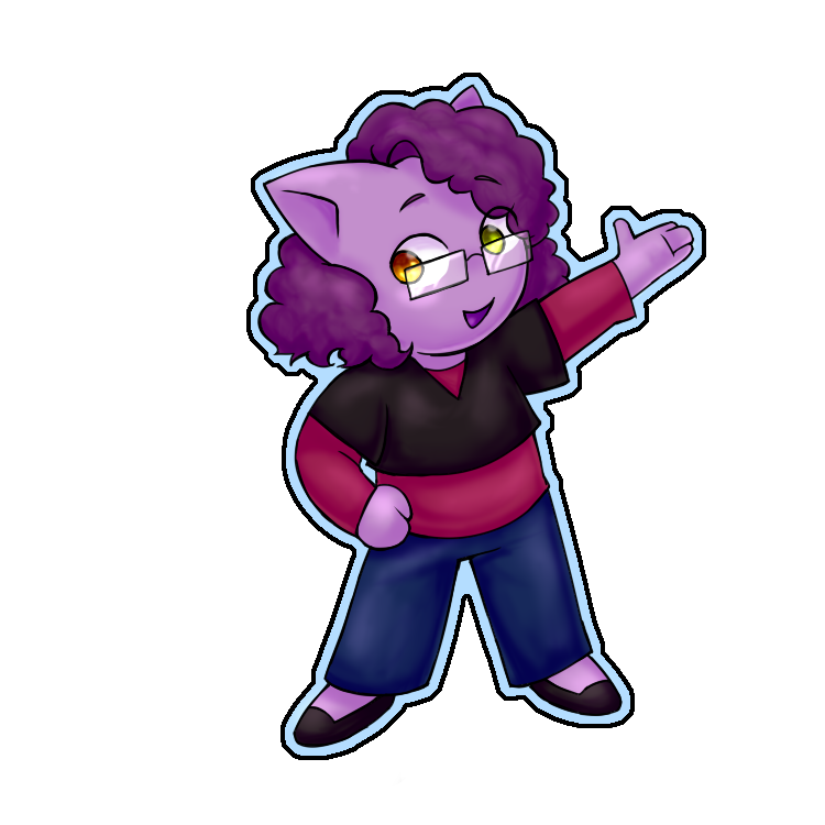a drawing of a character in a chibi style. The character has short purple hair, heterochromic eyes, purple skin, catlike ears, glasses, a black croptop layered over a pink shirt, jeans, and flats