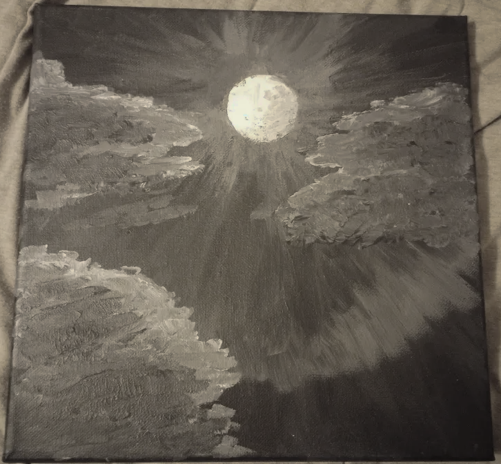 a photo of a painting of a full moon and clouds, painted in monochrome on a square canvas