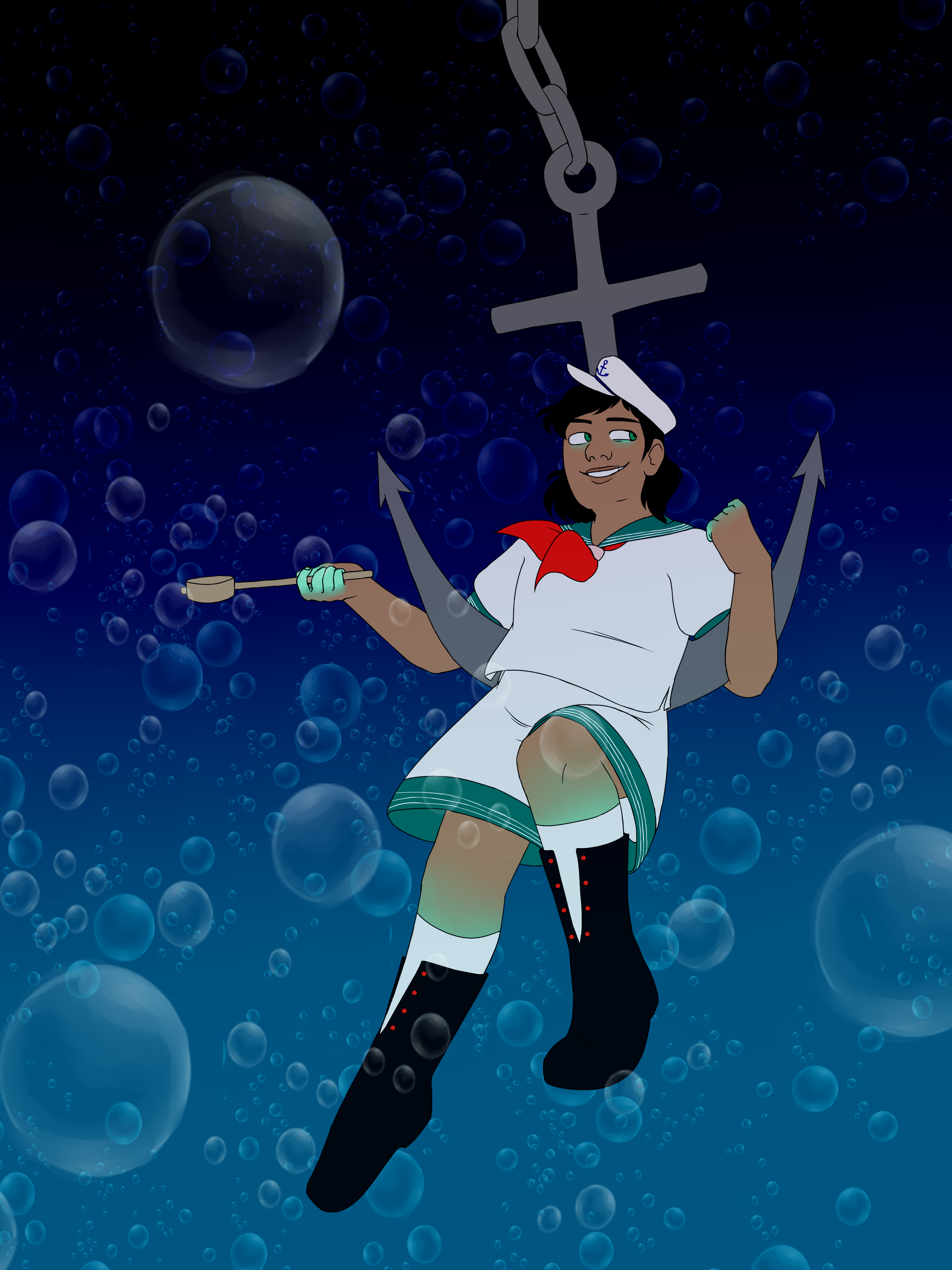 a drawing of Captain Murasa from Touhou. They are surrounded in bubbles