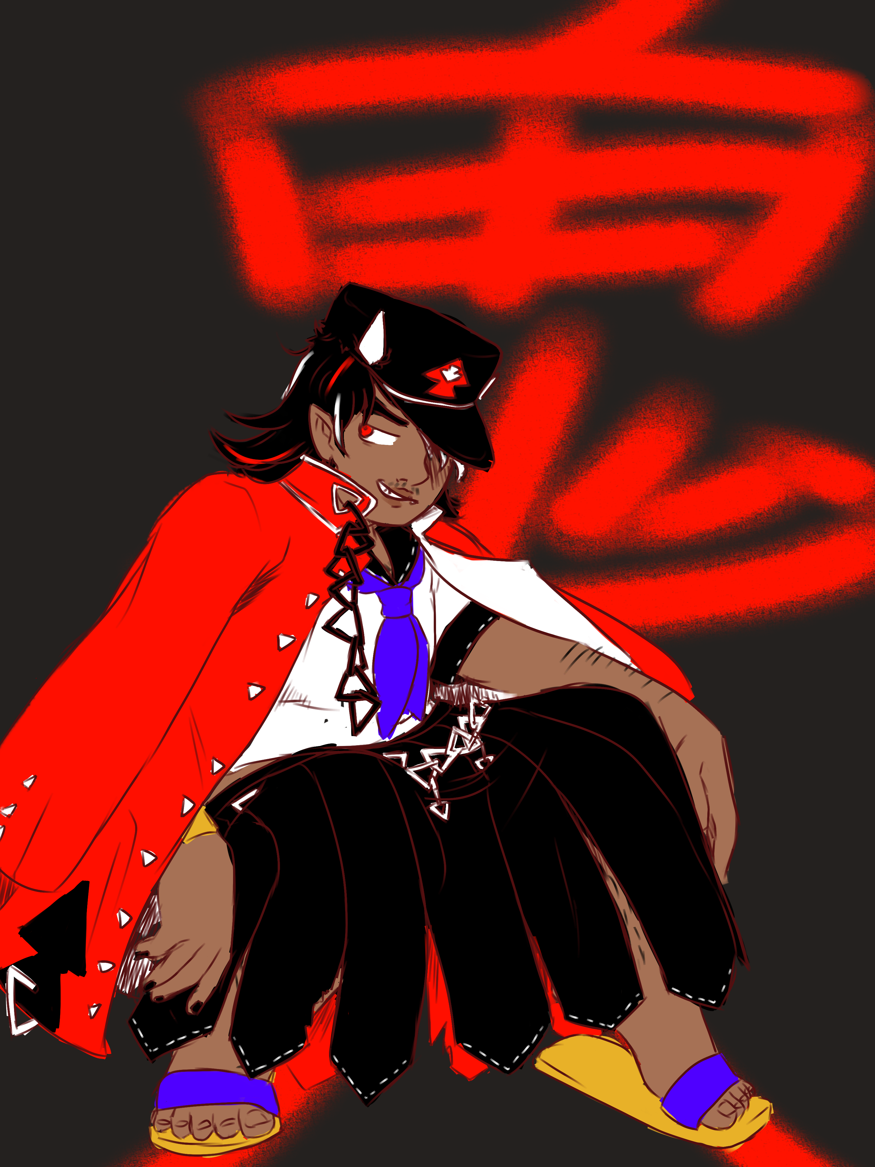 a drawing of Kijin Seija from Touhou, in her Mystia's Izakaya outfit. She's in the typical "delinquent squat" and is smirking. the kanji for her surname Kijin is written messily in the background.