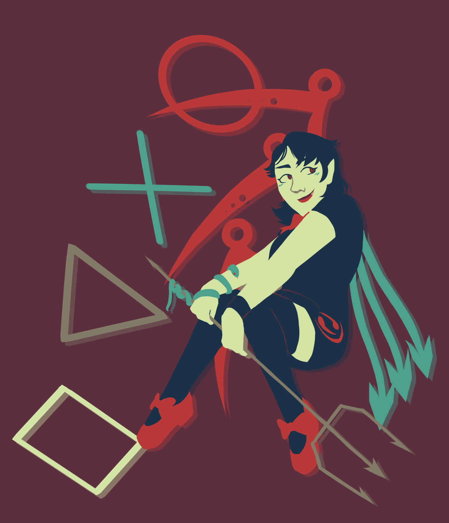 a drawing of Houjuu Nue from Touhou. Behind her are a circle, an X, a triangle, and a square