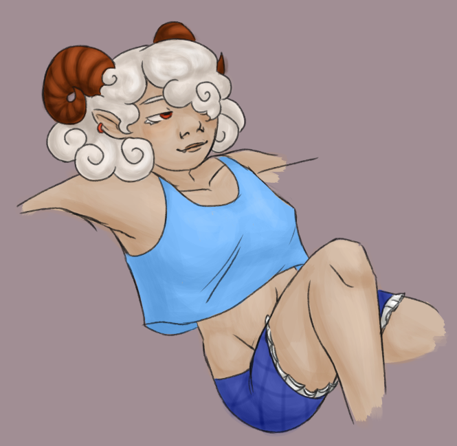 a drawing of Toutetsu Yuuma from Touhou. She's wearing a loose blue croptop and blue shorts in the same style as Chiyari's (also from Touhou).