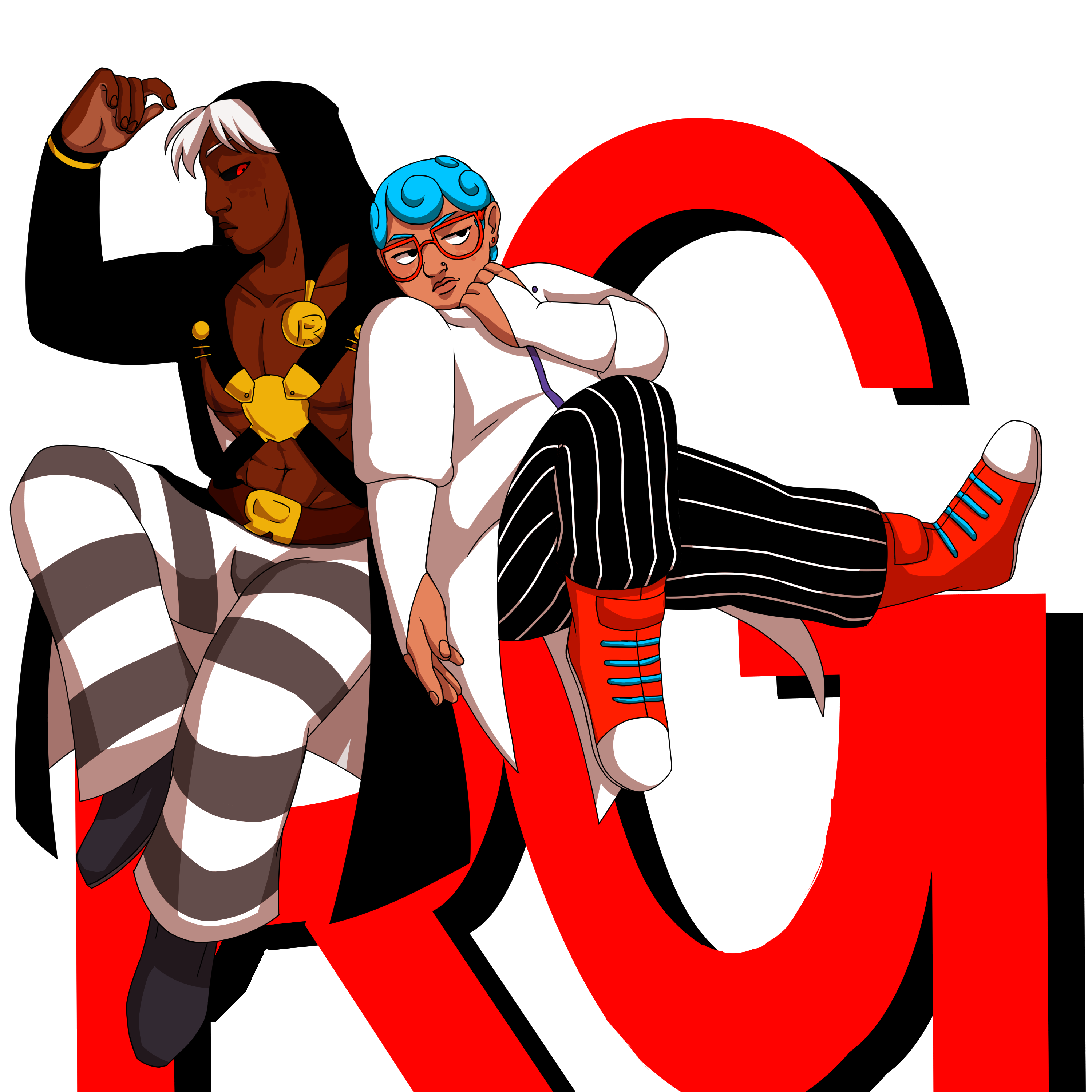 a drawing of Risotto Nero and Ghiaccio. The two are sitting next to each other, posing relaxedly. Ghiaccio is leaning on Risotto's shoulder. In the background are a large R and G, in red with a black drop shadow, looking as though the two are sitting on the letters. The background is otherwise transparent.
