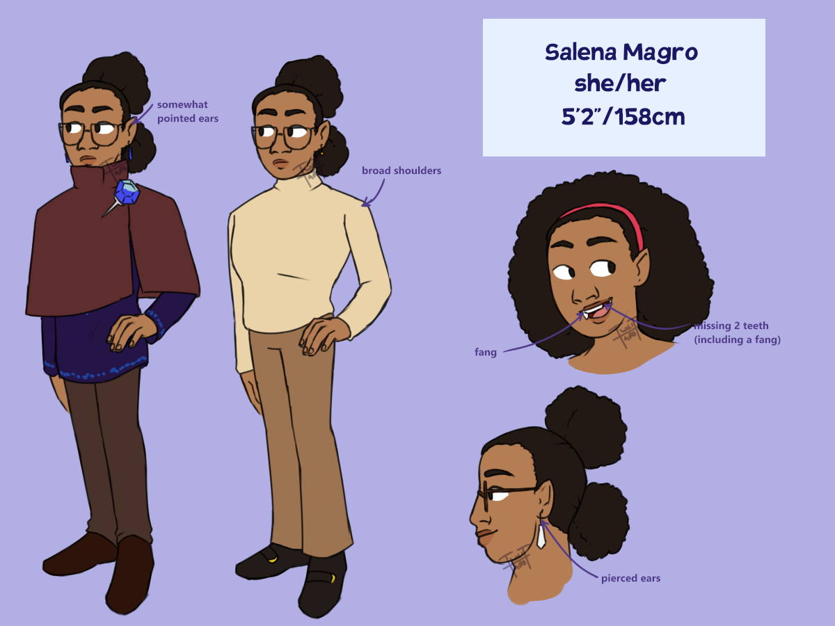 a reference image of a character named Salena Magro. She has coily black hair in two ponytails, light brown skin, brown eyes, and glasses. She is shown in two outfits; in one, she has a capelet with a blue jewel clasp, an indigo tunic with blue trim, brown slacks, and brown shoes; in the other, she has a cream turtleneck, khaki pants, and black shoes with a buckle. To the side are doodles highlighting details