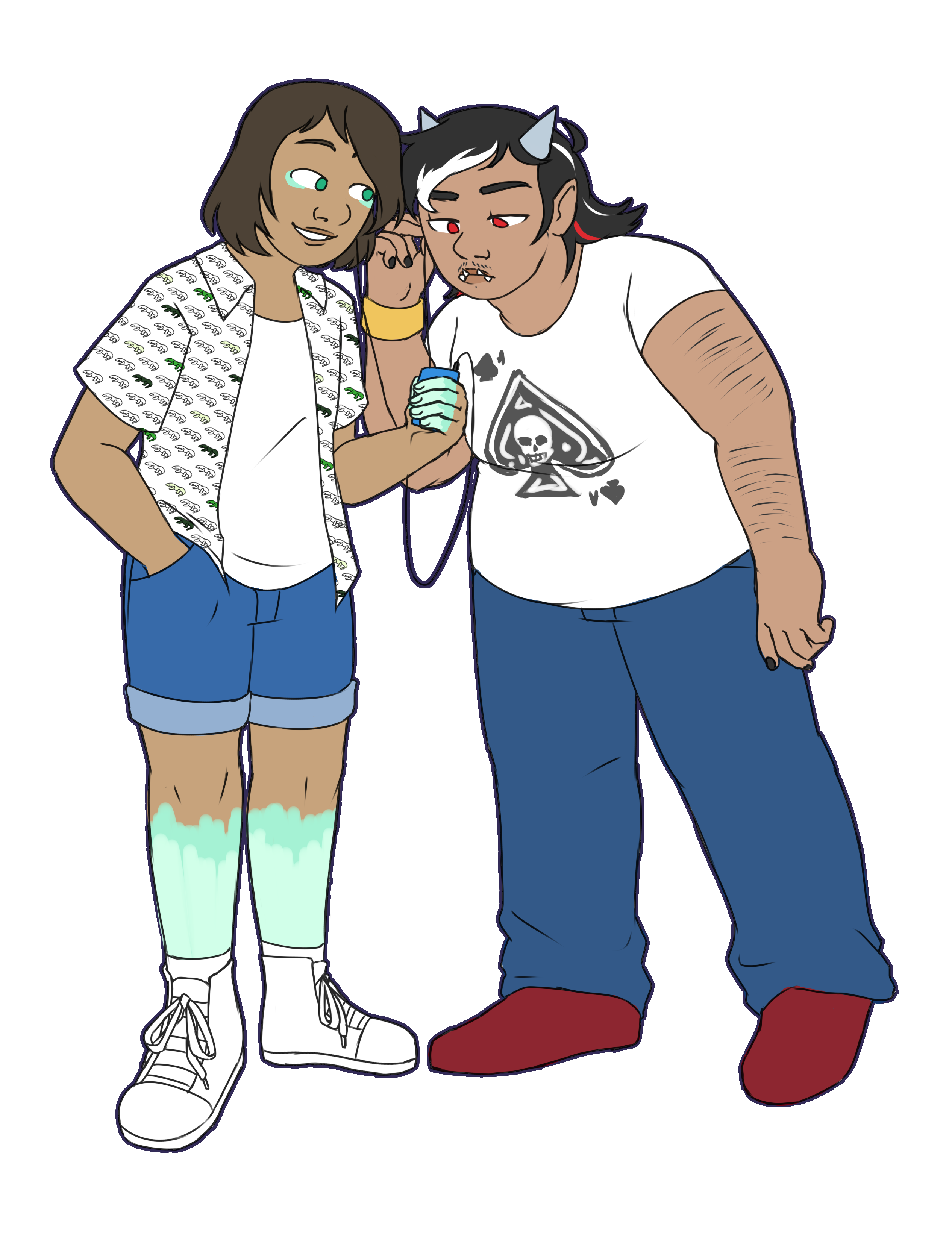 a drawing of Captain Murasa and Kijin Seija from Touhou. They're wearing modern casual clothes; Murasa has a button up patterned with lizards, denim capris, and Converse shoes, and Seija has a t-shirt with a spade design with a skull in the center, jeans, and red boots. Murasa is holding an MP3 player and they're sharing a pair of wired earbuds; Murasa seems to be showing Seija something