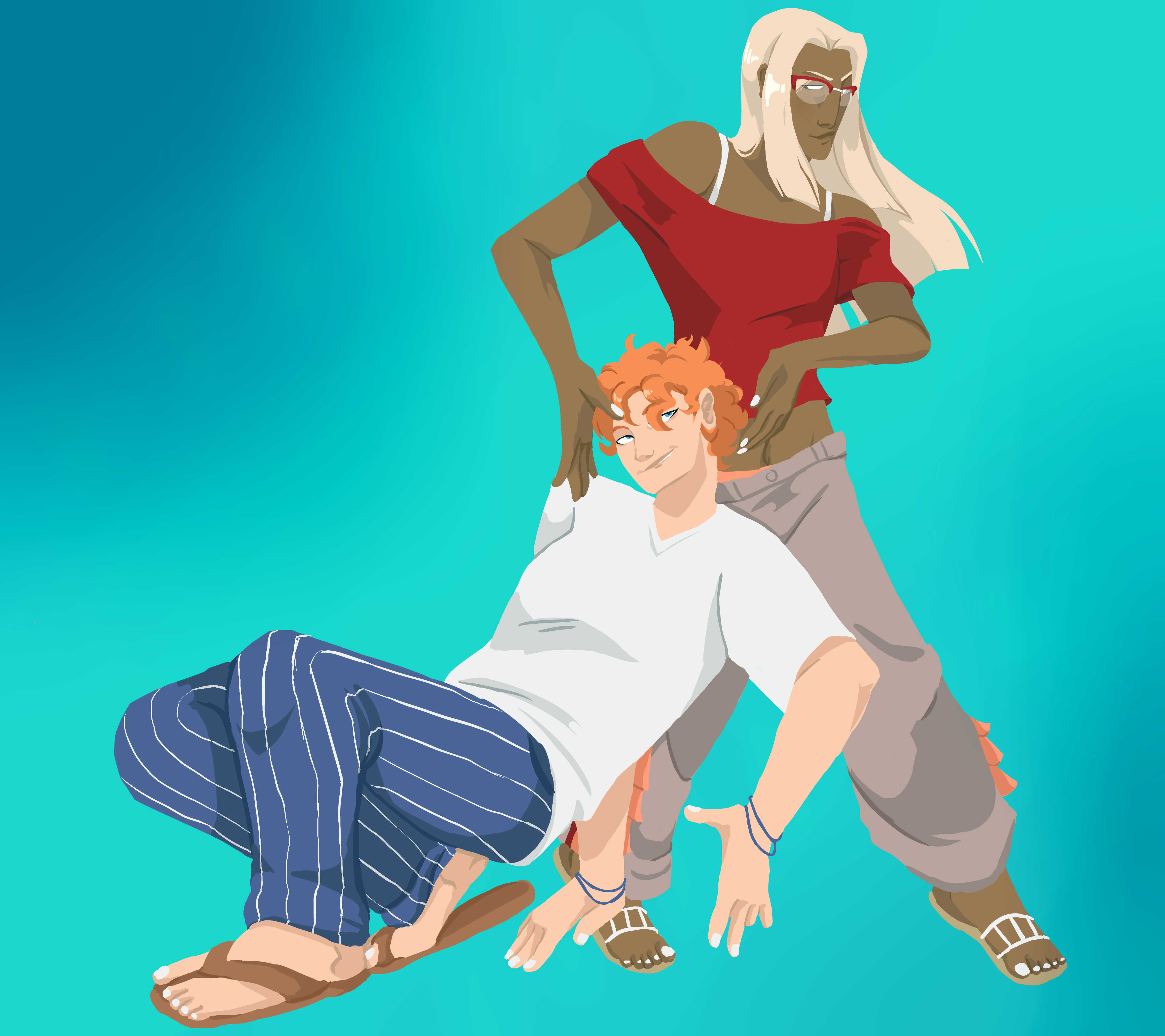 a drawing of Squalo and Tiziano from Jojo's Bizarre Adventure: Vento Aureo. Squalo is posing low to the ground, while Tiziano frames Squalo's face with his hands. Squalo is wearing a white t-shirt, blue striped pants that resemble his canonical jumpsuit, and brown flipflops; Tiziano is wearing browline glasses, a red off-shoulder crop top with white straps underneath, baggy grey pants with salmon colored frills, and white sandals. Both Squalo and Tiziano's nails are painted white. Squalo is missing two fingers on his left hand