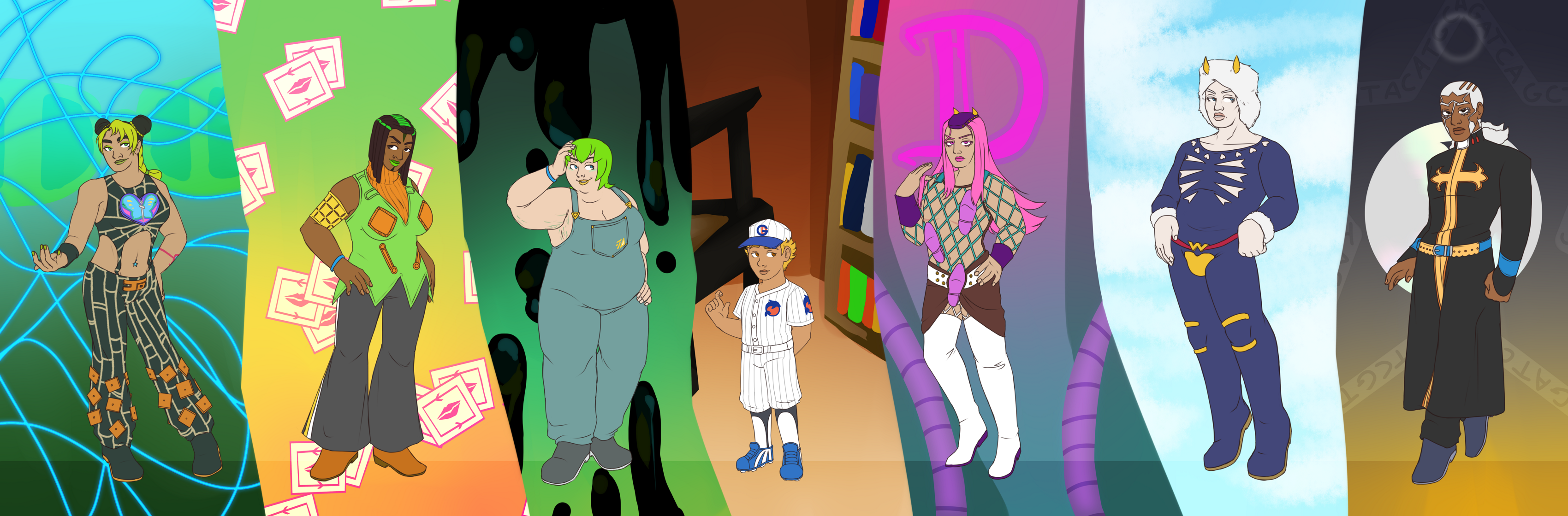 drawings of Jolyne Cujoh, Ermes Costello, Foo Fighters, Emporio Alnino, Narciso Anasui, Weather Report, and Enrico Pucci from Jojo's Bizarre Adventure: Stone Ocean. Each character is in front of a background themed after their Stand.