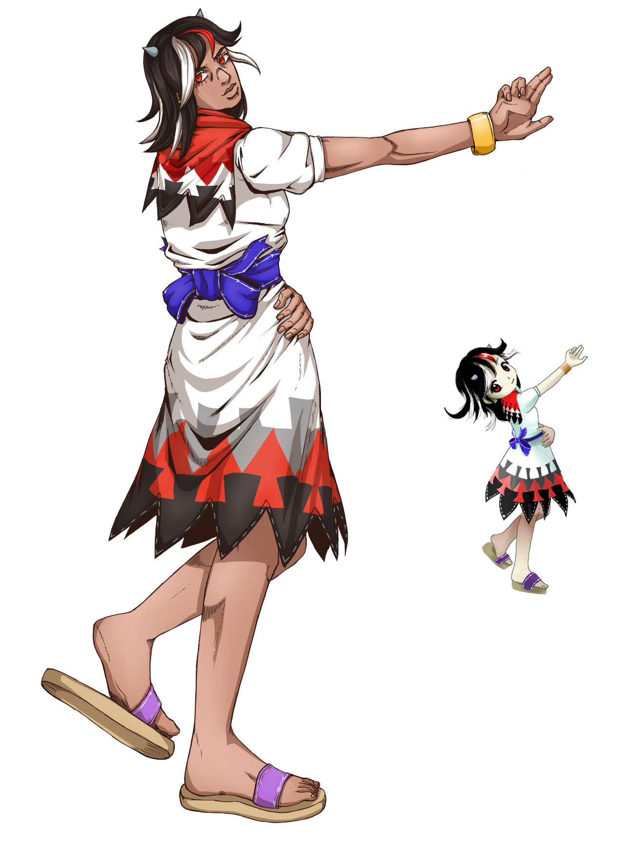 a drawing of Kijin Seija from Touhou in the style of the Jojo's Bizarre Adventure: Stone Ocean anime. Seija's sprite from Double Dealing Character is next to the drawing, very small