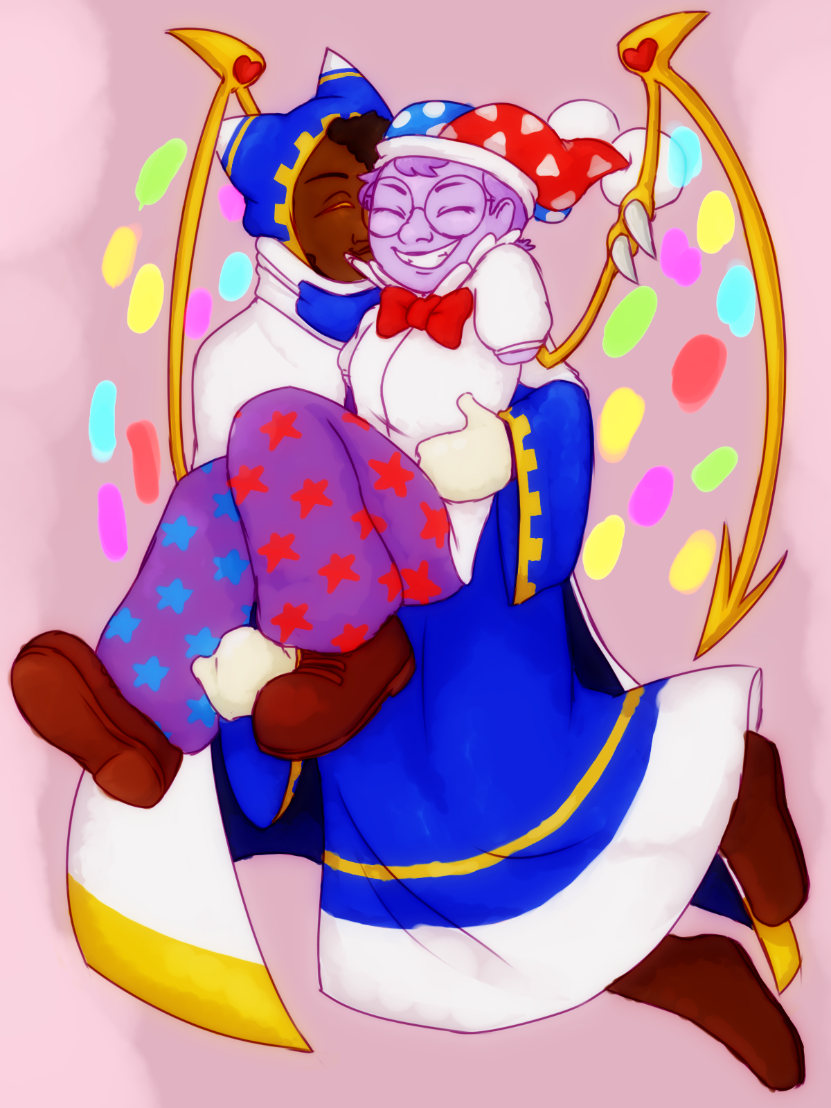 a drawing of Magolor and Marx from Kirby as humanoids (gijinkas). Magolor is holding Marx and kissing his cheek; Marx looks giddy