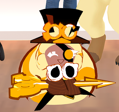 a screenshot of a VRChat avatar of Timekeeper Cookie from Cookie Run. She is sitting on her giant scissors, smiling brightly