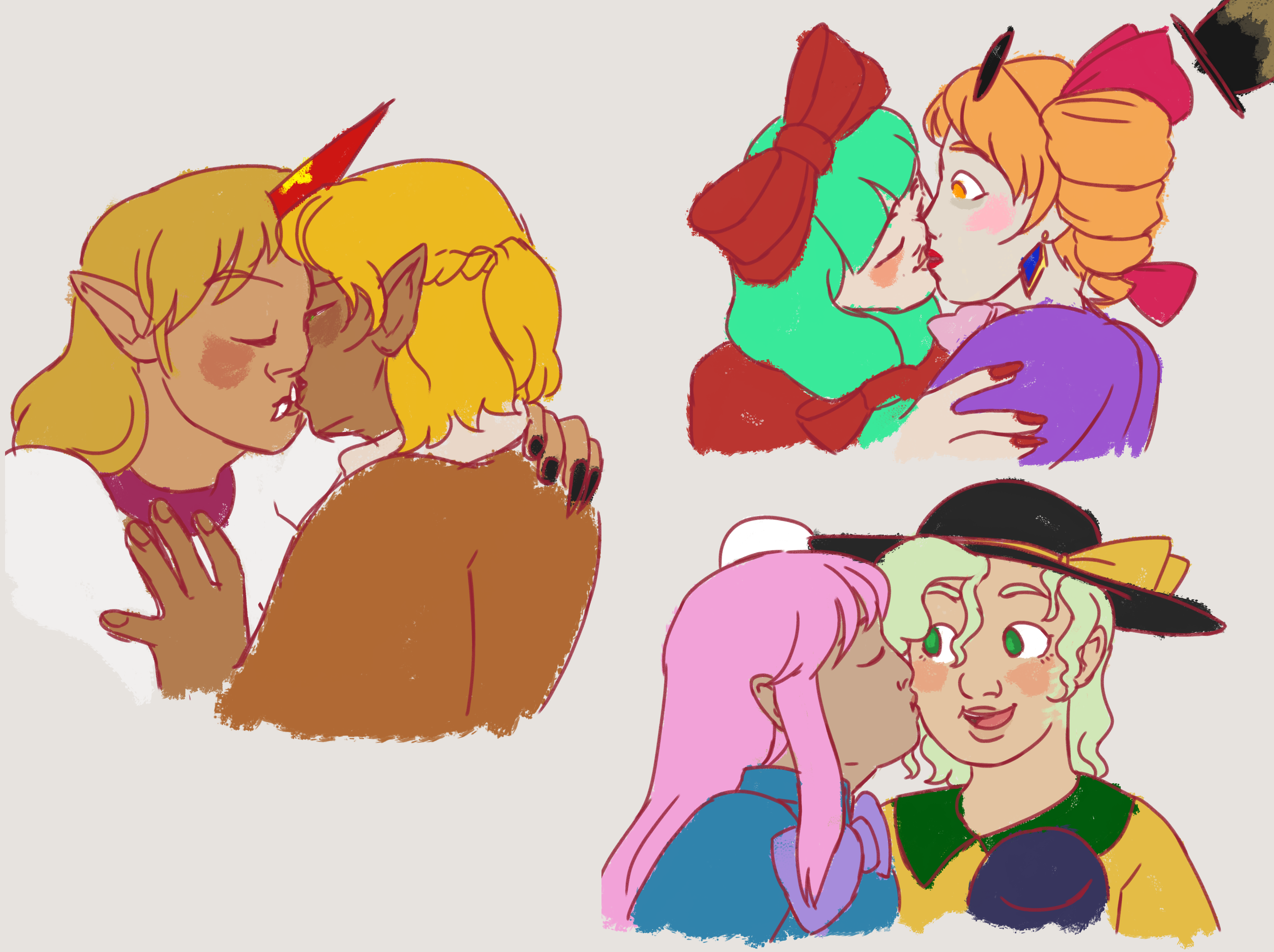 three drawings of pairs of Touhou characters: Yuugi and Parsee are kissing gently, Hina is kissing a surprised Joon; Kokoro is giving a delighted Koishi a peck on the cheek