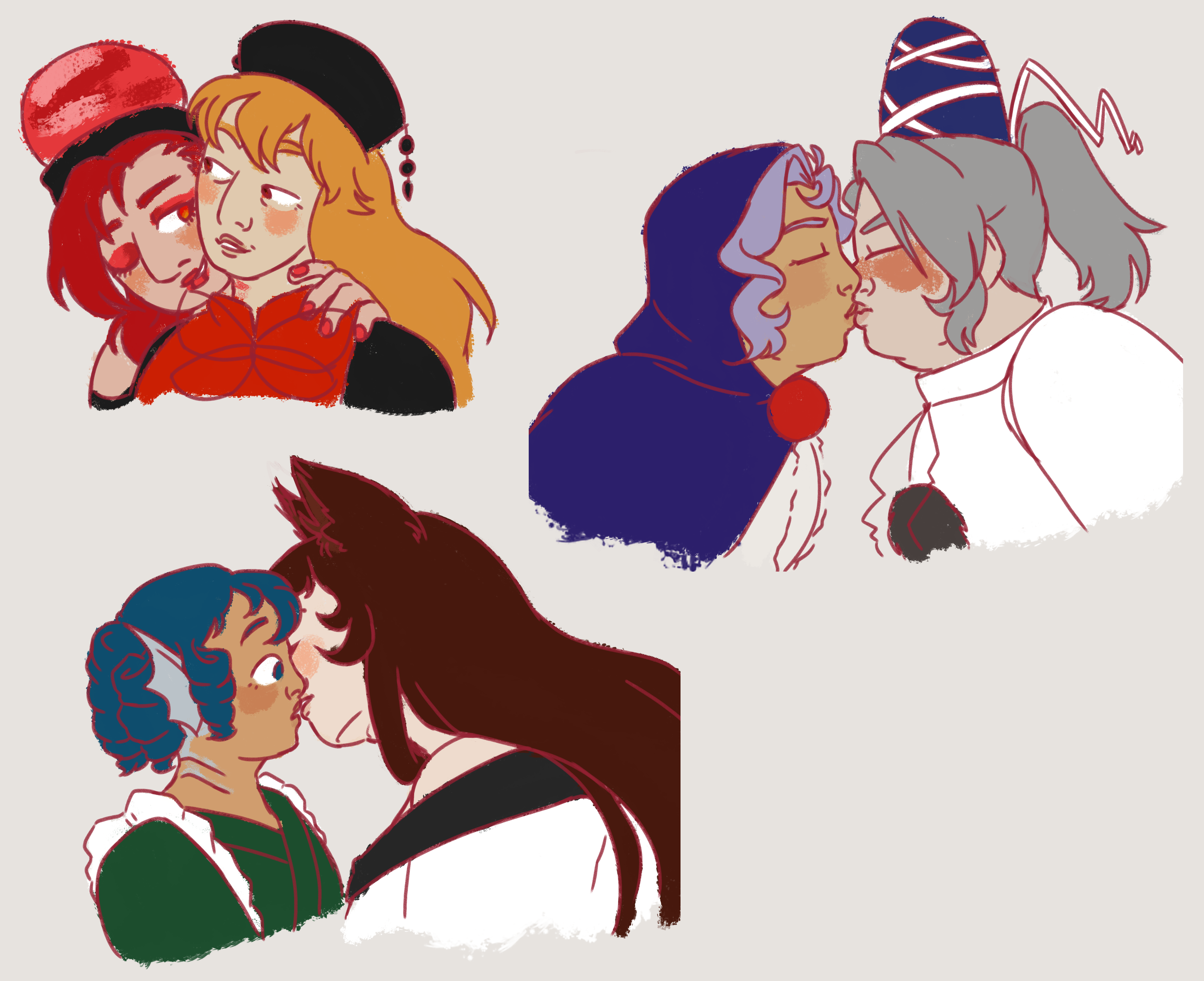 three drawings of pairs of Touhou characters: Hecatia is caressing Junko after leaving a small lipstick mark on her neck; Ichirin and Futo are kissing, looking very flustered and trying their best; Kagerou is leaning in to kiss Wakasagihime, both looking shy