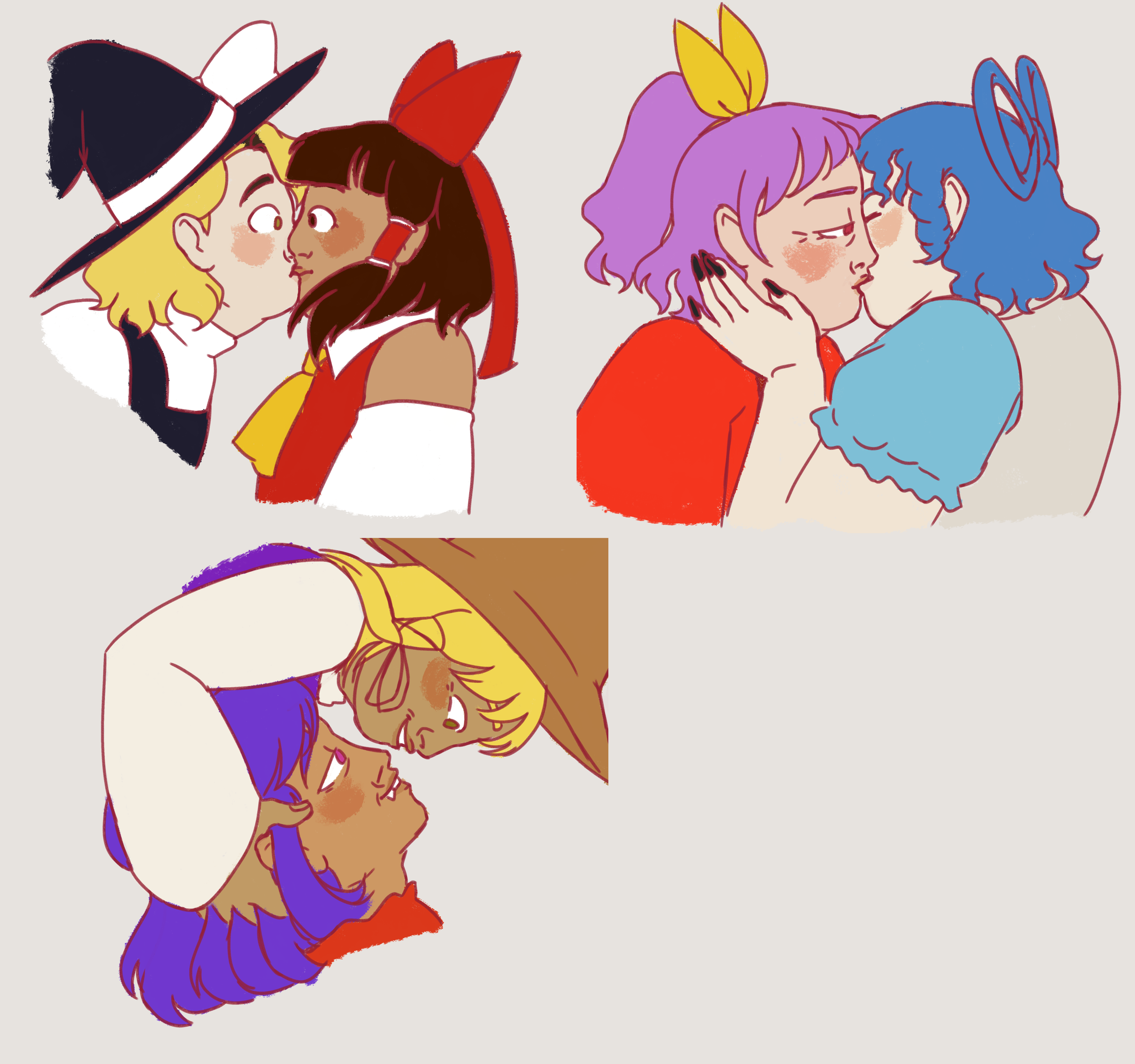 three drawings of pairs of Touhou characters: Marisa and Reimu are kissing and look startled by this fact; Sannyo and Seiga are kissing, pressed close to each other; Suwako is holding Kanako's head from above, upside down in Kanako's perspective