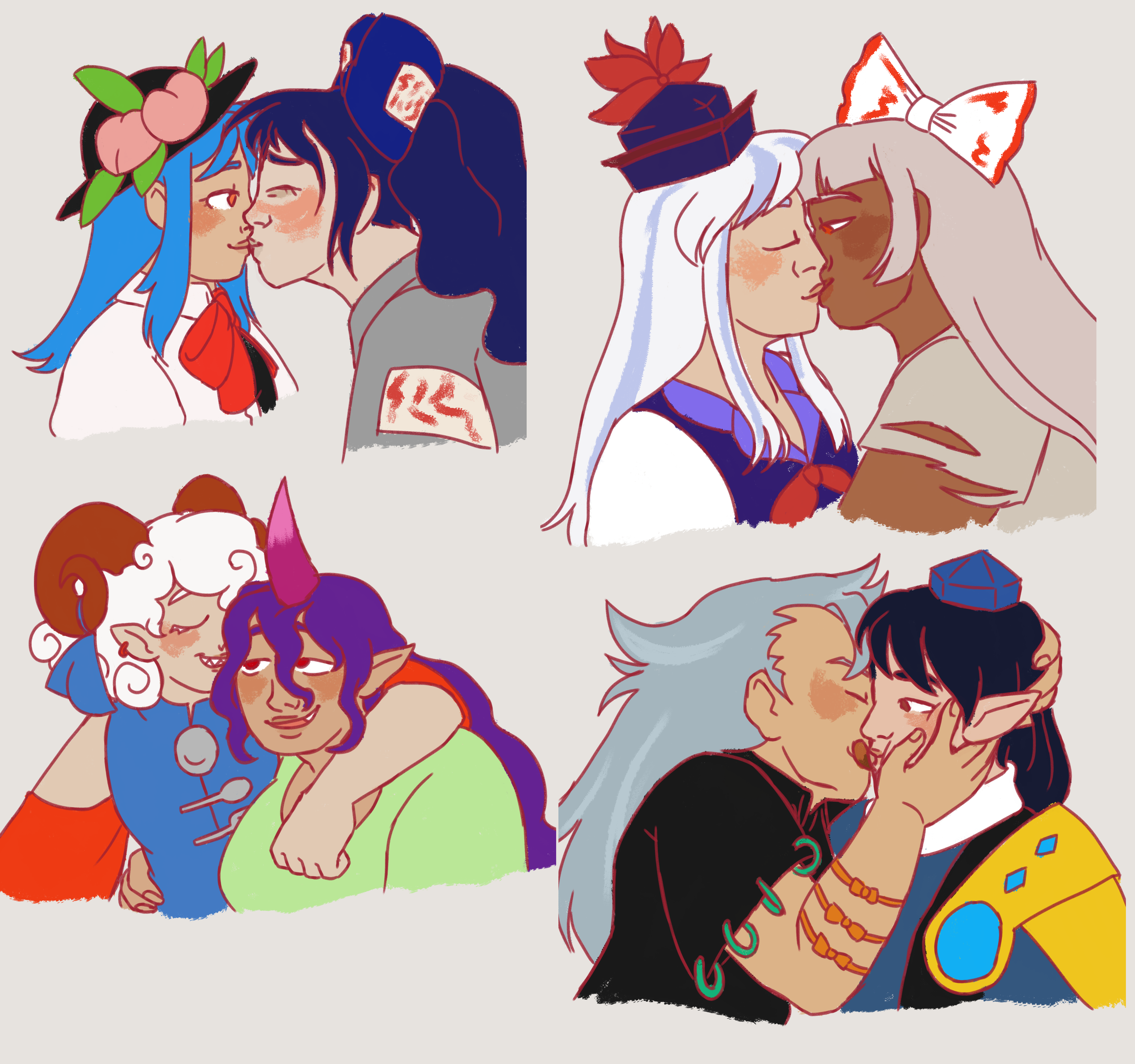 four drawings of pairs of Touhou characters: Shion is kissing Tenshi shyly as Tenshi simply sits there and receives it; Keine and Mokou are kissing softly; Yuuma has one arm slung around Chiyari, face pressed into her hair; Momoyo is kissing Megumu ravenously