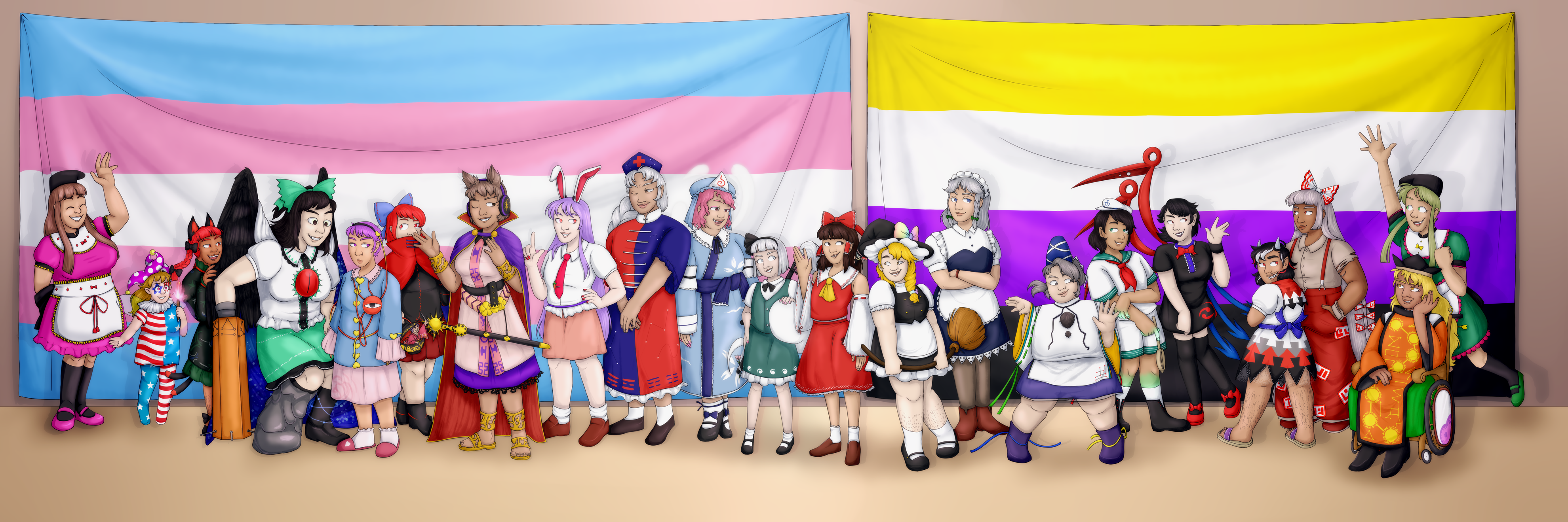 a drawing of many Touhou characters lined up in front of a trans flag and nonbinary flag