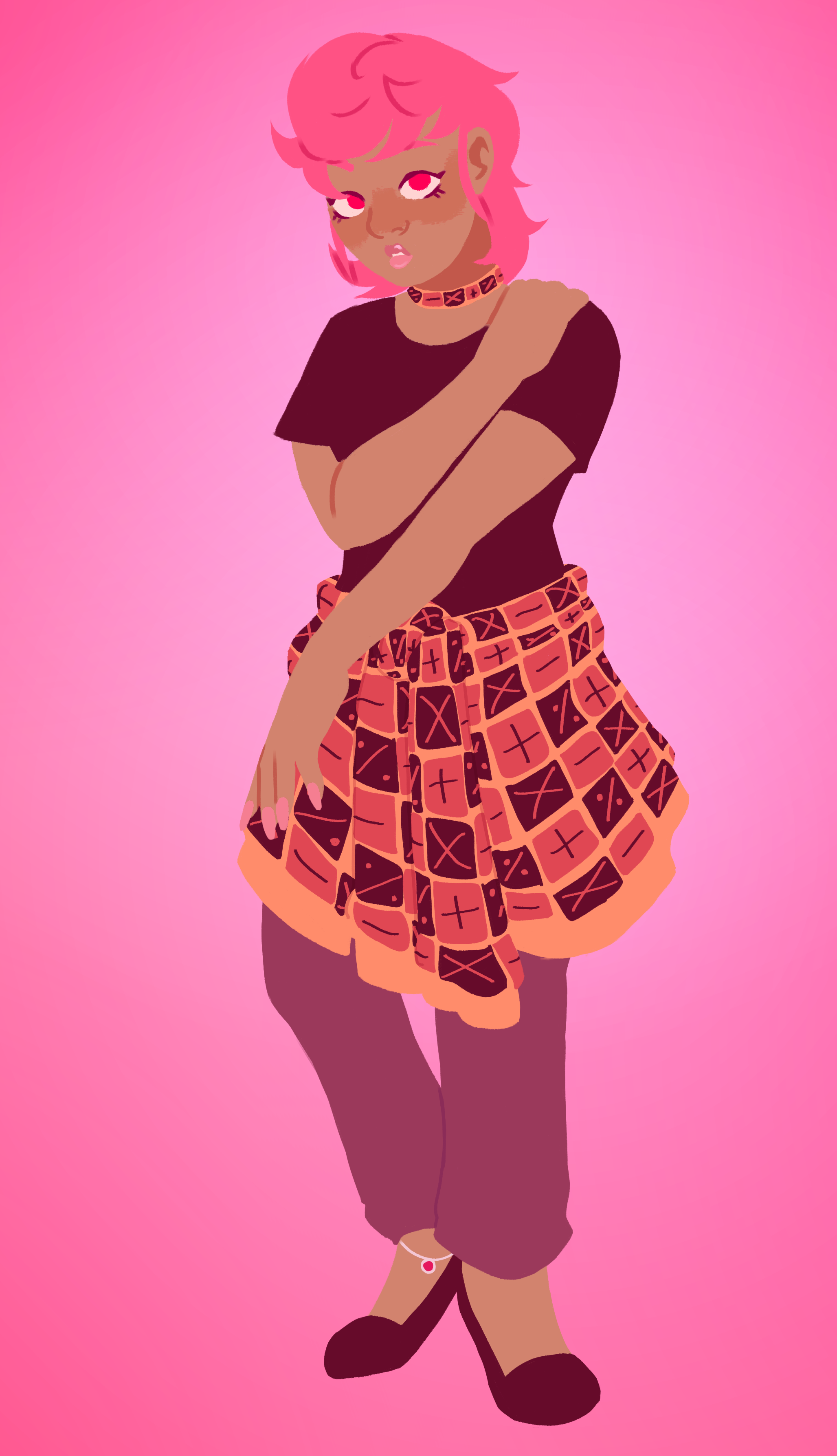 a drawing of Trish Una from Jojo's Bizarre Adventure: Golden Wind, in an alternate outfit. She has a black T-shirt, a jacket tied around her waist patterned with mathematical symbols like her canonical skirt, jeans, flats, and an anklet with a small charm.