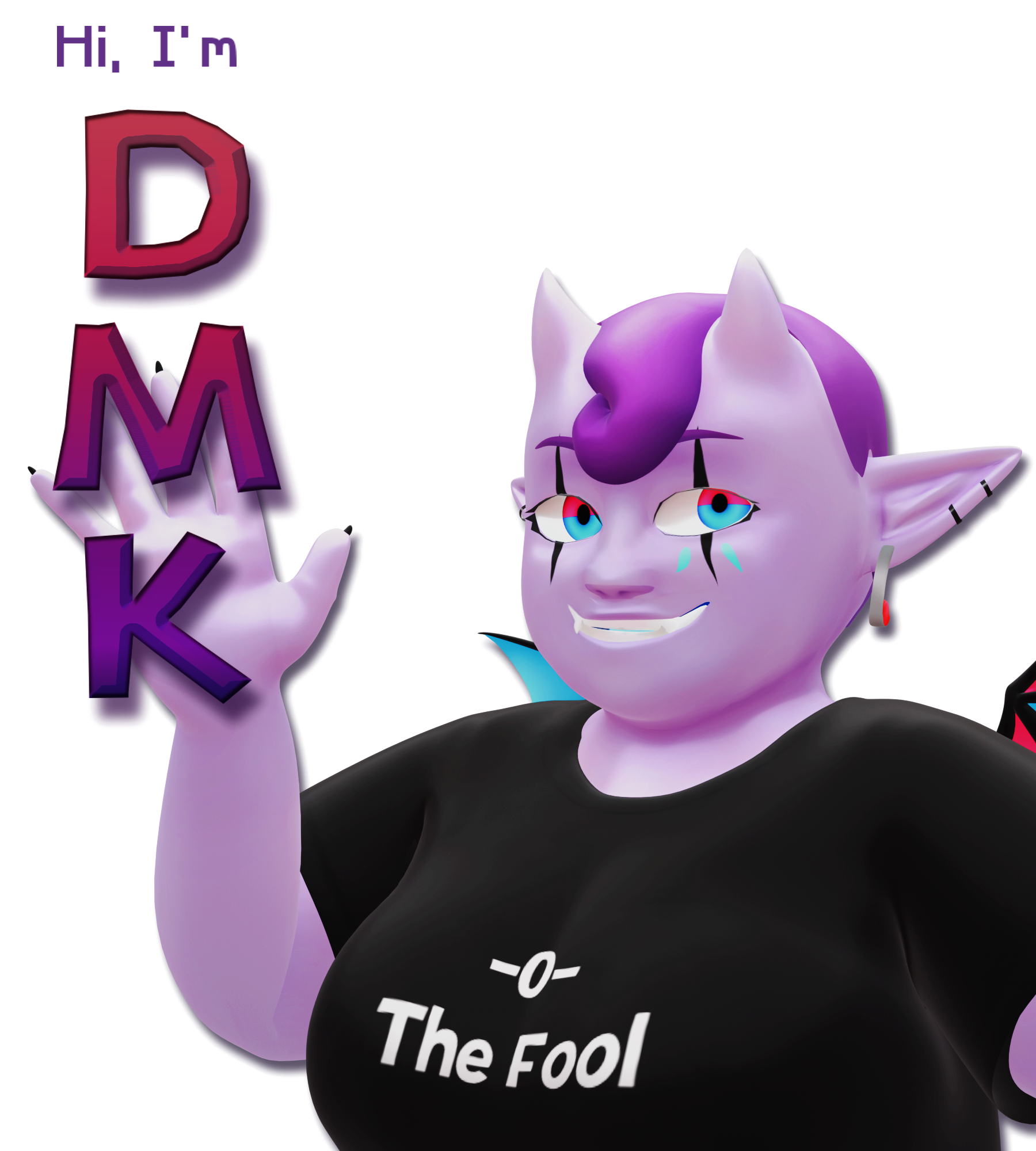 Image of Tarot, a purple imp with jester-like eye markings, a single hair curl, horns, pointed ears, and a shirt with text reading -0- The Fool. It's waving at the viewer. There's text to the left, reading Hi, I'm DMK!